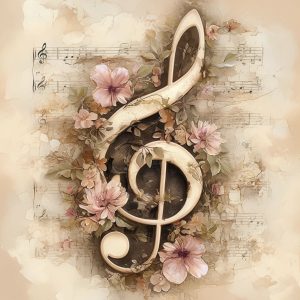 Ilustración decorativa de clave de sol con flores sobre fondo de partitura musical en tonos suaves
