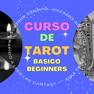Cartel azul de curso de tarot básico para principiantes con texto en español e inglés