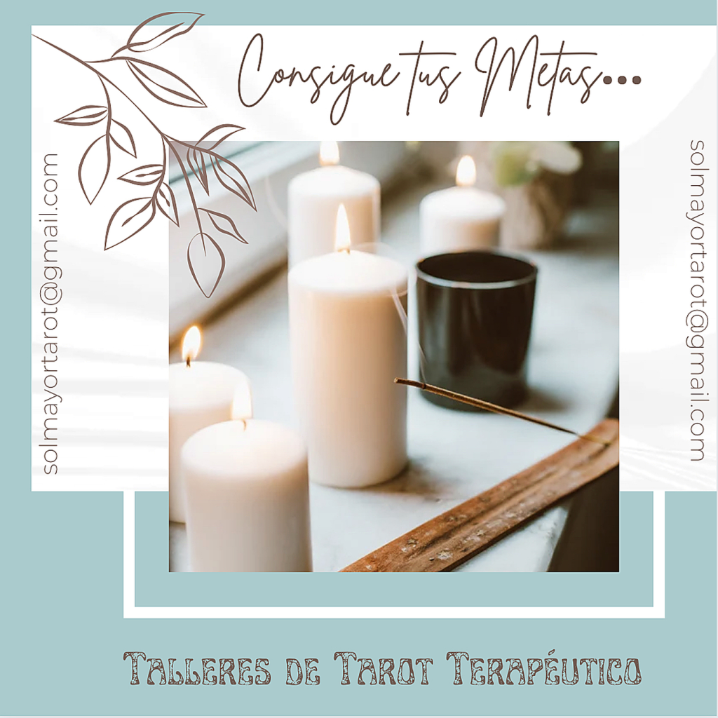 Cartel de talleres de tarot terapéutico con velas, incienso y diseño suave en tonos verde agua